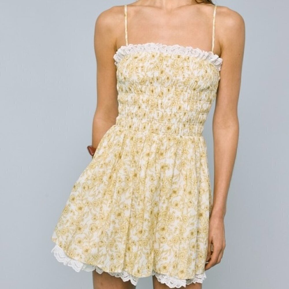 SEE THE WORLD YELLOW LACE TRIM FLORAL MINI DRESS